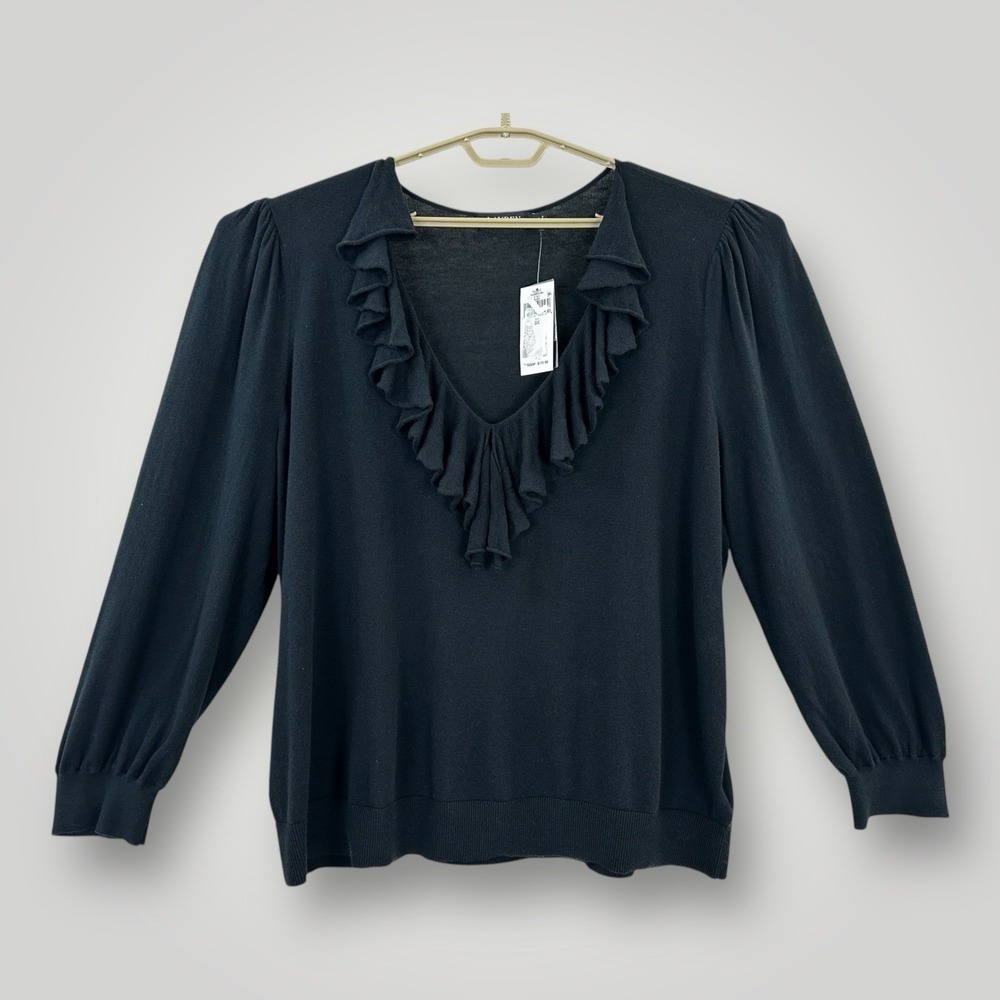 NEW $125 Lauren Ralph Lauren‎ Black Label Womens 3X Black Ruffle V-Neck Sweater